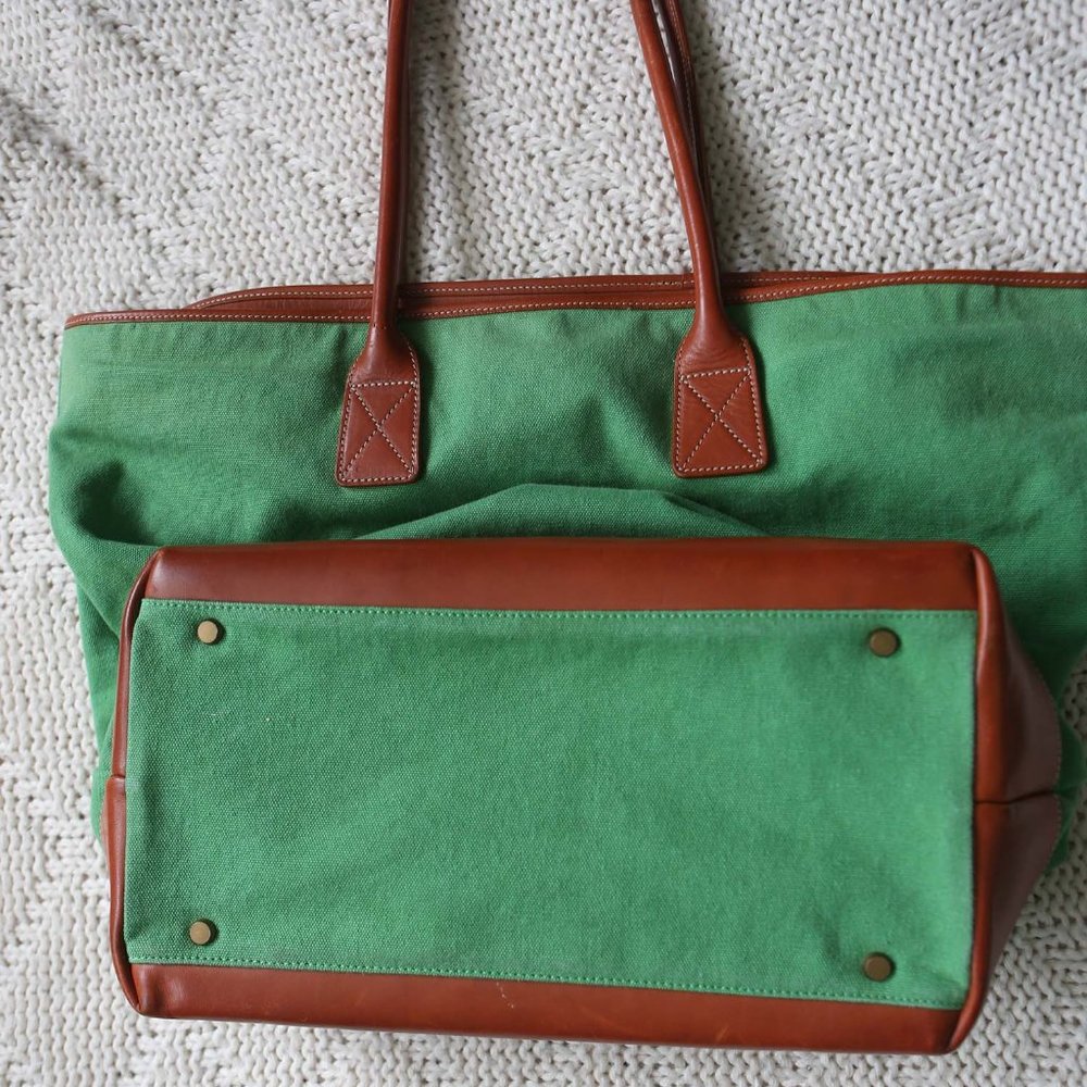 J. Crew Canvas LeatherTote Bag Green Brown EUC - Picture 8 of 11